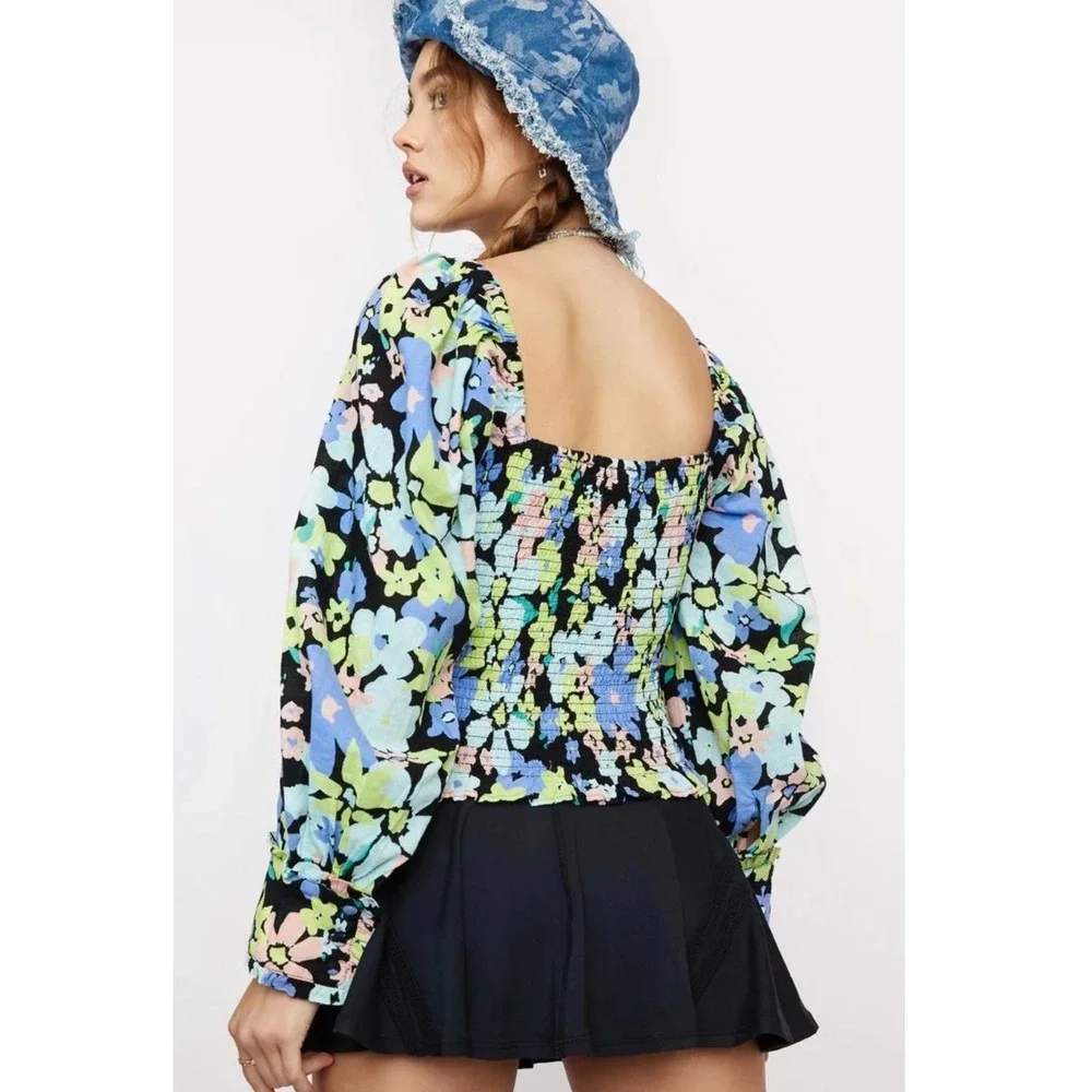Free People Ariana Printed Cropped Top Women M Multicolor Floral Puff Sleeve